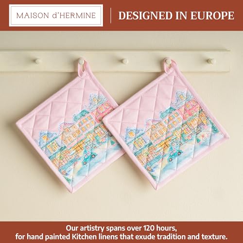 Pot Holders 100% Cotton Potholders (124 - Christmas Market - Pink / 8" x 8" (Pot Holder Pack of 2))