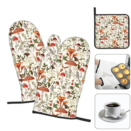 Boho Mushroom Decor Oven Mitts and Pot Holders Sets of 3 Hot Pads (3 Count)