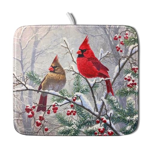 Red Bird Dish Drying Mat Merry Christmas Dishes Pad Absorbent Fast Dry Dish Drainer Mat Protector for Kitchen Counter 16 x 18 Inches (red bird / 16" x 18")