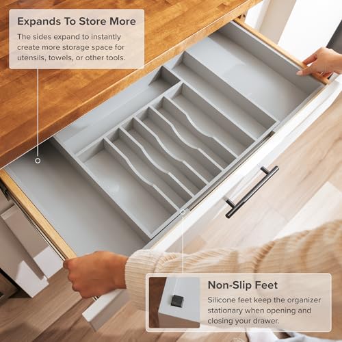Silverware & Utensil Drawer Organizer (Gray Bamboo / From 18" to 33" Wide)