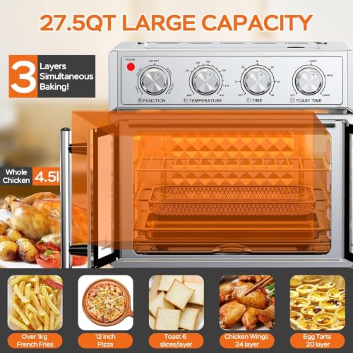 PlumChef 27.5 Quart Extra Large 6 Slices Air Fryer Convection Toaster Oven (Stainless Steel)