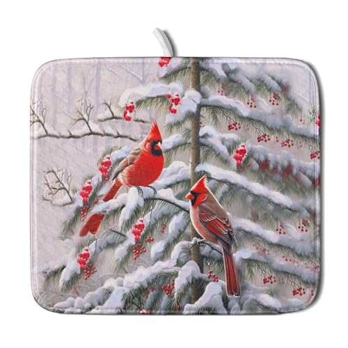 Red Birds Dish Drying Mat Winter Berry Dish Drainer Mats Absorbent Reversible Microfiber Kitchen Countertop Protector Dishes Pad 16x18 inch (Winter Red Bird / 16" x 18")