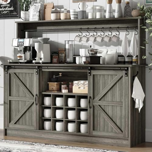 55" Farmhouse Coffee Bar Cabinet with Storage Hutch (55Inch / Grey)