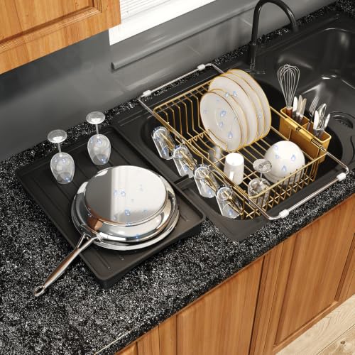 Gold Expandable Dish Drying Rack Over Sink with Extra Drainboard (Gold / For 11.5"-16" W Sink with Cup Holder & Drainboard)