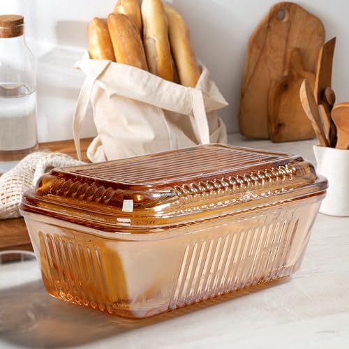 Wide Vintage Country Amber Glass Butter Dish with Lid