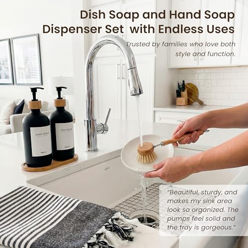 Glass Dish Soap Dispenser for Kitchen Set of 2 (Black Bottles/Black Bamboo Pumps)