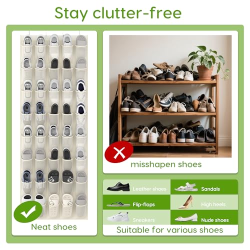 Over the Door Shoe Organizer with 40 Large Breathable Mesh Pockets (Beige / 40 Pockets)