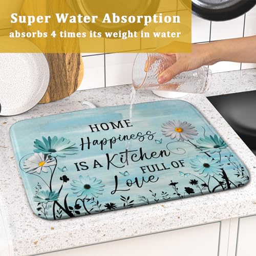 Blue Daisy Dish Drying Mat 16x18 Inch Love Kitchen Absorbent Microfiber Washable Fast Drying Pad Dishes Rack Mat for Kitchen Counter (home happiness blue / 16" x 18")