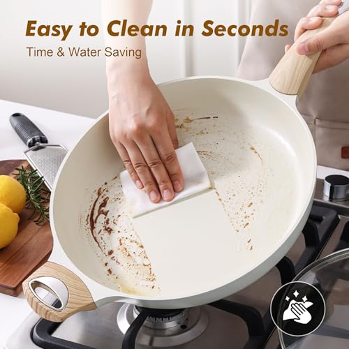 12.5inch Ceramic Nonstick Frying Pan Paella Pan with Lid (12.5 Inch / CREAM White)
