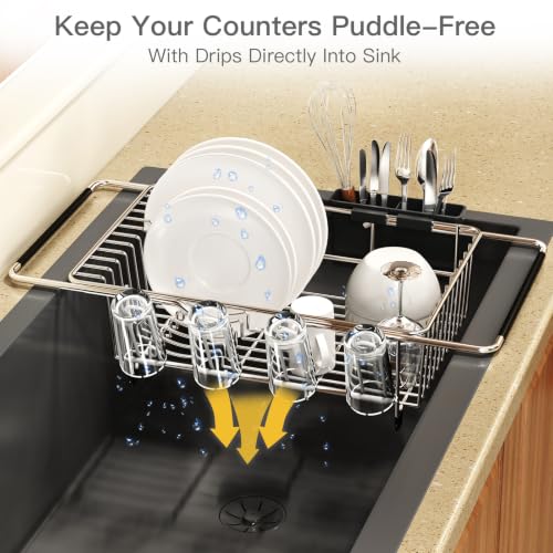 Expandable Dish Drying Rack Over Sink with Anti (Silver / For 11.5"-16" W Sink with Cup Holder)