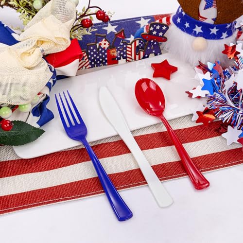 200Pcs 4th of July Red Blue Disposable Plastic Silverware (Blue White Red)