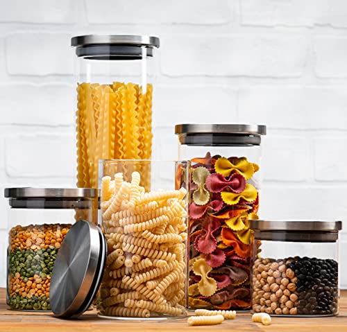 Set of 5 Glass Kitchen Canisters with Airtight Stainless