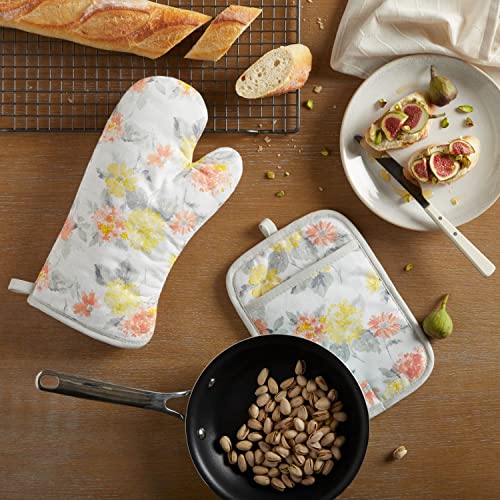 Amber Floral Oven Mitt & Pot Holder Set 2 (Yellow/Coral)