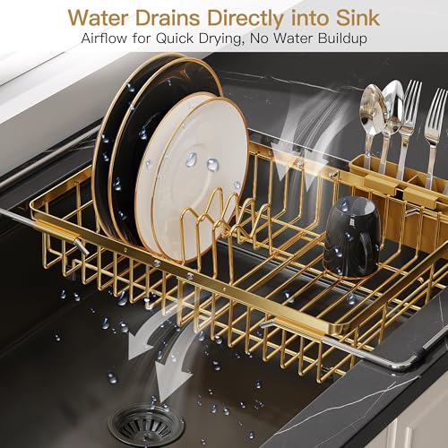 Gold Dish Drying Rack Over the Sink with Utensil Holder (Gold / For 12.5"-30"w Sink, Expandable)