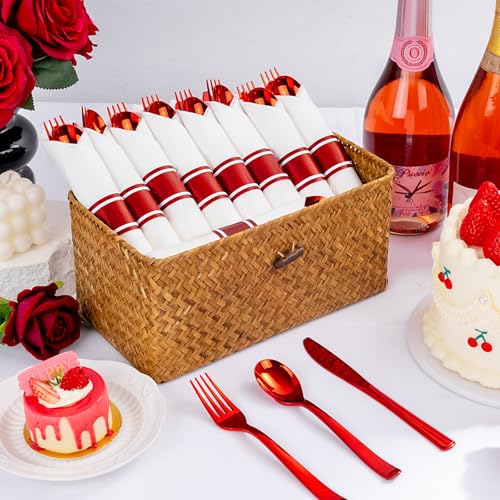 400PCS Pre Rolled Red Plastic Silverware Sets Heavy Duty for Wedding (Red - Classic)