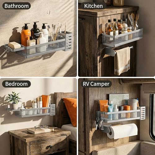 5-in-1 Wide Wall Mount Wrapped Mesh Kitchen Organizer & Shower Caddy Kit, with Paper Towel Holder, Utensil Holder, Soap Dish, Heavy Duty 50LBS - Silver Gray, Netting (Silver Grey / 5-in-1 Full Mesh (12.6" Wide))