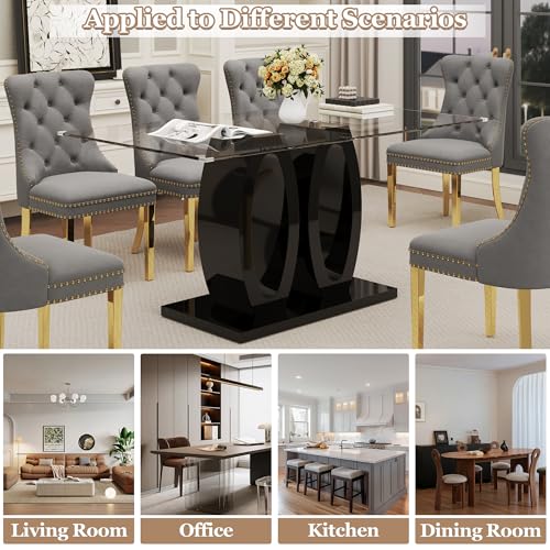 63" Glass Dining Table Set for 6 (Black Table & Gold Grey Chair / 7-Piece Set-Double O-Shaped Table)