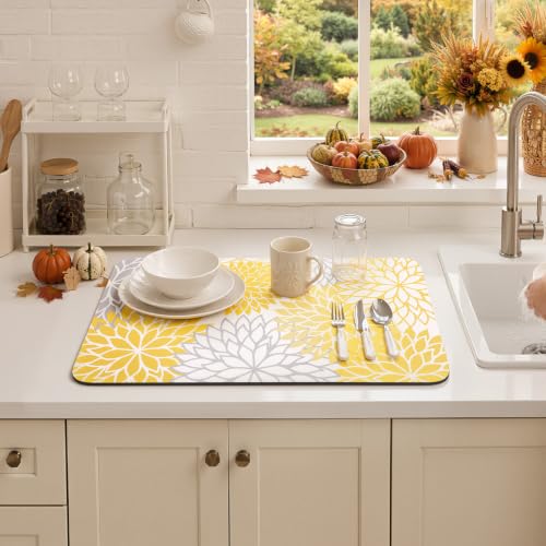 Fall Dish Drying Mat 12" x 20" Absorbent Floral Coffee Mat Yellow (Yellow / 12" x 20")