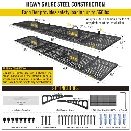 4 Pack 1.64x4ft Adjustable Garage Wall Shelving 1120lbs Load Capacity Heavy Duty Wall Mounted Storage Shelf Metal Floating Shelves for Garage (4pack-1.64x4ft / Black)