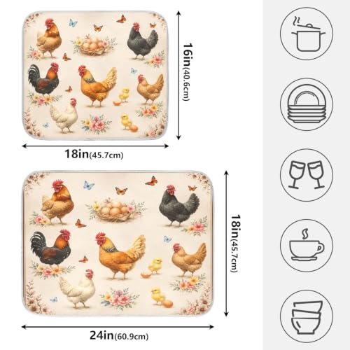Farmhouse Rooster Dish Drying Mat for Kitchen Counter Absorbent Microfiber Large Drying Pad Dish mats for Kitchen Countertops 18 x 24 Inch (Farmhouse Rooster / 24" x 18")