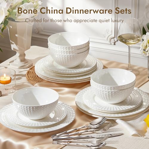 64Pc Bone China Dinnerware & Silverware Set (White-Rhombus / service for 8-64pcs)