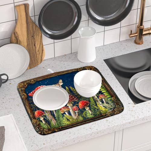 Mushroom Microfiber Dish Drying Pad Absorbent Dish Drainer Kitchen Counter Small 16 X 18 In (Funny Mushroom 829 / 18" x 16")