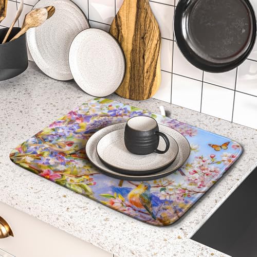 Spring Bird Dish Drying Mats for Kitchen Counter Floral Small Dish Drying Pad Season Decor (Colorful Art Birds / 18" x 16")