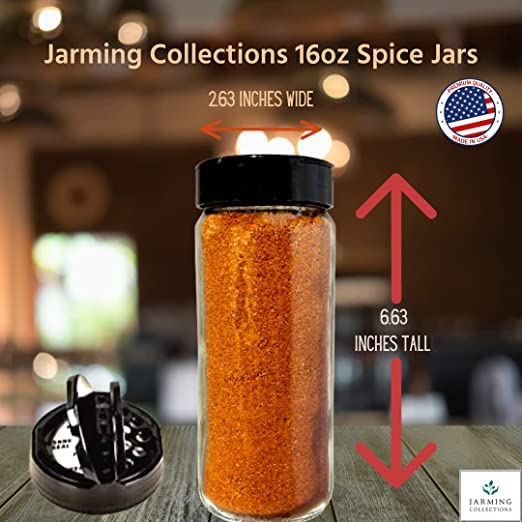 16oz Glass Spice Shakers with Lids (Tall Spice 16oz Black 7 Holes Set of 3)