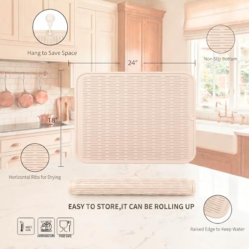 Silicone Dish Drying Mat for Multiple Usage (Tapioca / 24"L x 18"W)