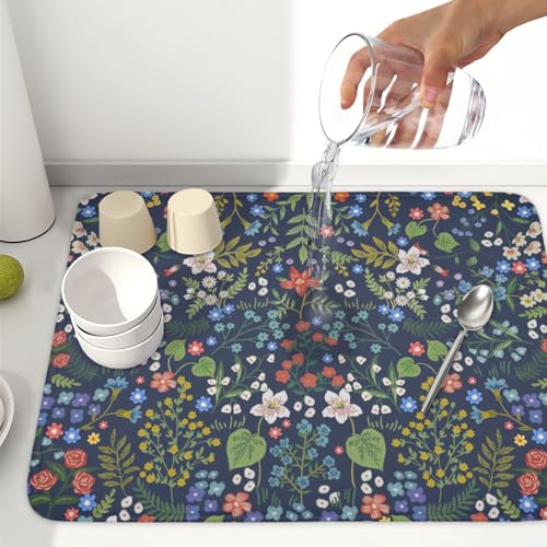 Flower Floral Dish Drying Mat 18x24 inch Microfiber Navy Blue Drying Mats with Hanging Loop Absorbent Green Leaves Dish Drainer Mat Reversible Flowers Drying Pad for Kitchen Counter Sink (Colored Flower / 24" x 18")