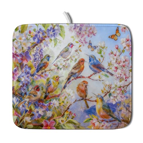 Spring Bird Dish Drying Mats for Kitchen Counter Floral Small Dish Drying Pad Season Decor (Colorful Art Birds / 18" x 16")