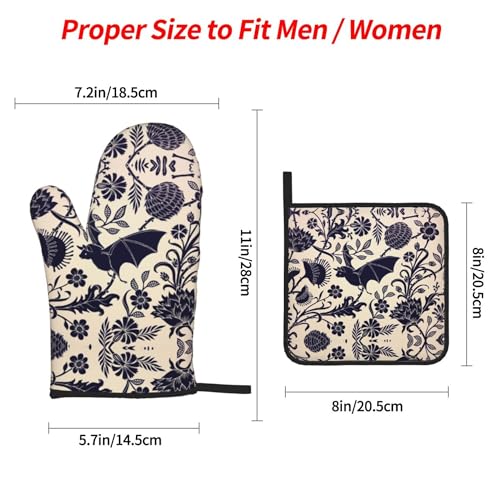 Bats and Flower Oven Mitts and Pot Holders Sets of 4 (One Size / Bats Flower)