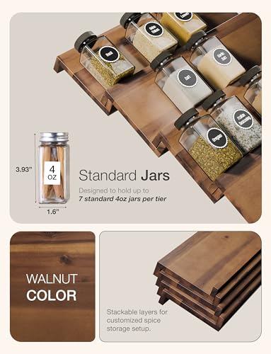 Acacia Wooden Spice Rack Organizer for Cabinet (Walnut / Pack 4)