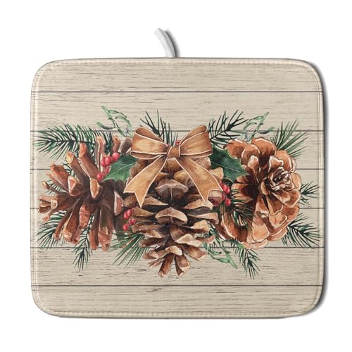 Winter Pine Cone Dish Drying Mat Holly Berries Dish Draining Mat Microfiber Washable Dish Drainer Rack Mat for Home Kitchen Counter 16"x18" (Winter Pine Cone / 16" x 18")