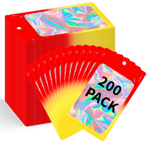 200 Pack Resealable Mylar Holographic Bags Food Storage Smell Proof Bags with Front Window Foil Packaging Pouch for Candy Sample Jewelry Small Business 3.15×5.51 Inch (200 Count)