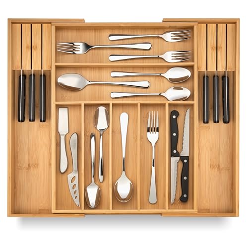 Bamboo Drawer Organizer with Knife Blocks (Natural / 9 Slot)