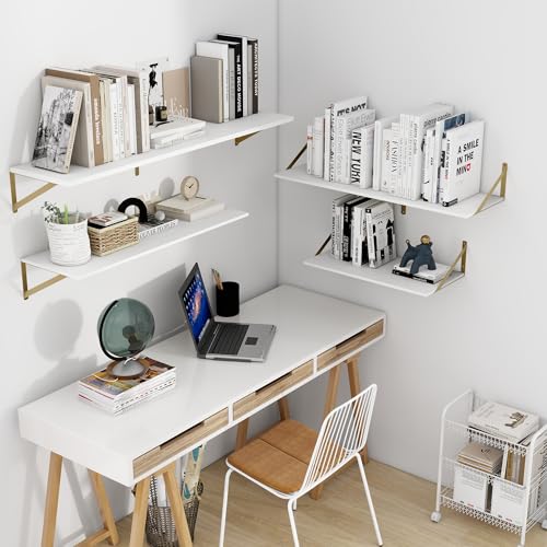 48W x 12D Deep Floating Shelves Set of 2 White & Gold (White With Golden Bracket / 48Wx12Dx5.8H)