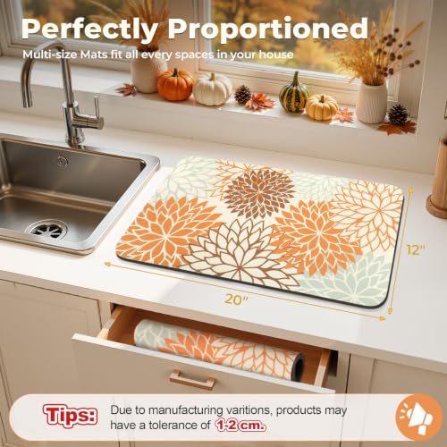 Fall Dish Drying Mat 12" x 20" Absorbent Floral Coffee Mat Orange (Orange / 12" x 20")
