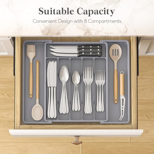 Expandable Silverware Drawer Organizer (Gray / Large (11-18''W x 14''D))