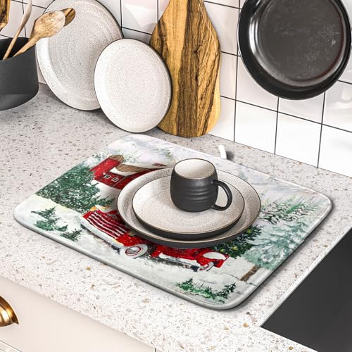 Winter Red Truck Dish Drying Mat Christmas Tree Dishes Pad 16x18 Inch Dish Drainer Rack Mats Absorbent Fast Dry Kitchen Holiday Accessories (Christmas Red Truck / 16" x 18")