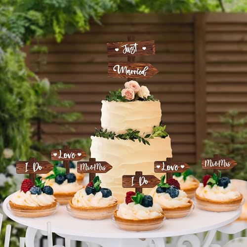 Rustic Wedding Cake Decoration Set Just Married Cake Topper & 12 PCS Wedding Cupcake Toppers in Wood (Set)