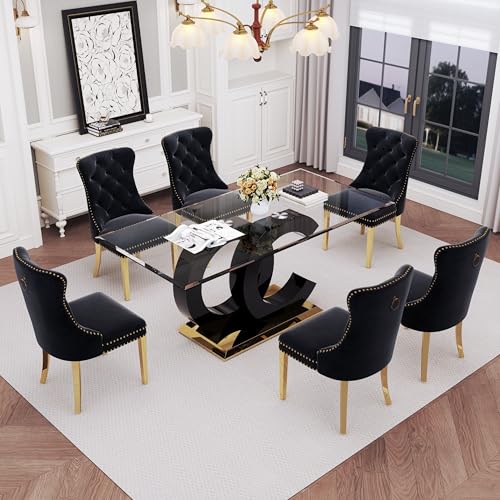 7 Piece Glass Dining Table Set for 6 (Black Table & Gold Black Chair / 7-Piece Set-OC-Shaped Table)