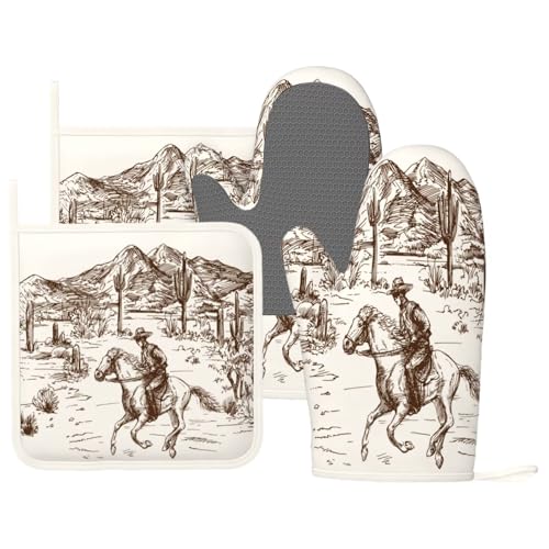 Western Cowboy Oven Mitts and Pot Holders 4 pcs Set Silicone West Cowboy Riding Horse in Desert Kitchen Oven Mitt Gloves Cowboy Pot Holders Non (Beige)