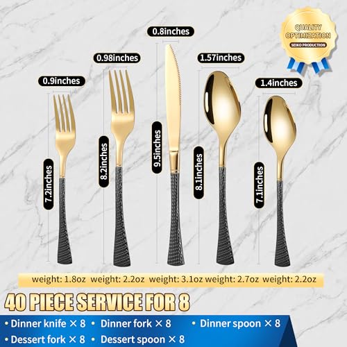 Hammered Black Gold Silverware Set for 8 (Black/Gold / 40 Pieces Set)