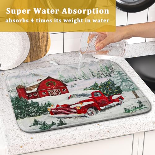 Winter Red Truck Dish Drying Mat Christmas Tree Dishes Pad 16x18 Inch Dish Drainer Rack Mats Absorbent Fast Dry Kitchen Holiday Accessories (Christmas Red Truck / 16" x 18")