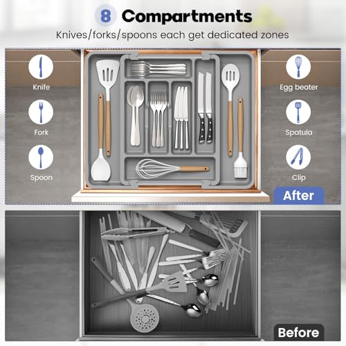Large Silverware Organizer Tray for Kitchen Drawer Utensils Thicker (Medium Gray)