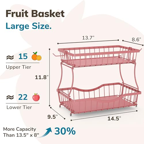 Large 2 Tier Fruit Basket for Kitchen Counter with 2 Banana Hangers (Pink)