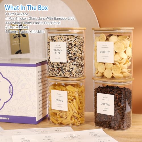 4 Pack Square Glass Pantry Storage Containers with 132 Kitchen Food Pantry Labels