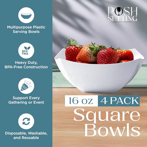 4 Pack Disposable White Plastic Serving Bowls Square Party Candy Use 16oz (16 OUNCE / White)