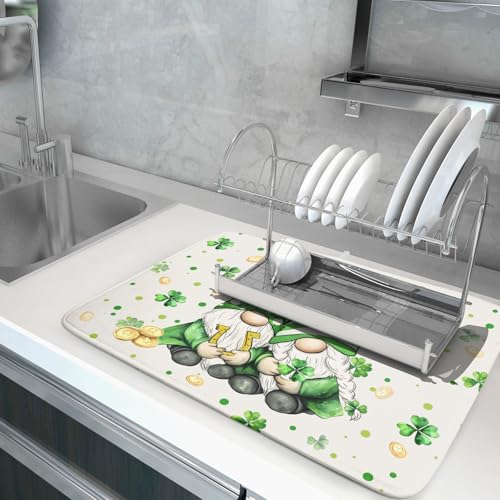 St Patrick's Day Gnome Dish Drying Mat 18x24 inch Lucky Shamrock Absorbent Reversible Dishes Drainer Rack Mat for Coffee Bar Kitchen Decor (Shamrock Gnome / 18" x 18")